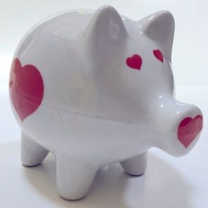 VTG Piggy Bank White Red Hearts Money Safe 80s Macomber Farm MSPCA Massachusetts